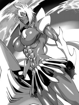  1girl abs bleach breasts closed_mouth dark-skinned_female dark_skin espada female_focus holding holding_weapon k3vinkkkjj large_breasts lips monochrome resurreccion skirt tier_harribel water weapon  rating:Sensitive score:3 user:VIZARD_