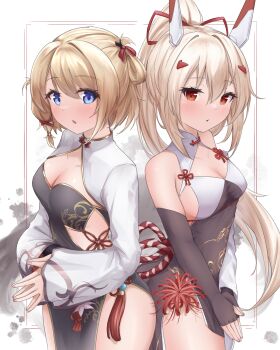  2girls absurdres asymmetrical_sleeves ayanami_(azur_lane) ayanami_(lunar_demon)_(azur_lane) azur_lane bare_shoulders black_gloves blonde_hair blue_eyes breasts china_dress chinese_clothes chinese_new_year cleavage cleavage_cutout clothing_cutout collarbone commentary cross dress elbow_gloves english_commentary fingerless_gloves gloves hair_between_eyes hair_ornament hair_ribbon headgear high_ponytail highres iron_cross kouhaku_nawa kyl490 light_blush long_hair long_sleeves looking_at_viewer medium_breasts multiple_girls official_alternate_costume open_mouth own_hands_together pelvic_curtain ponytail red_eyes red_ribbon ribbon rope shimenawa short_hair side_cutout z23_(azur_lane) z23_(inky_antics)_(azur_lane) 