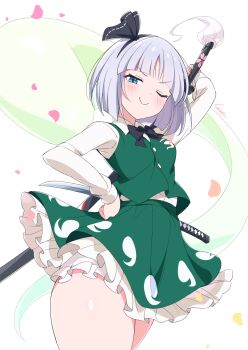  1girl ;) black_hairband blue_eyes blush closed_mouth green_shirt green_skirt grey_hair hairband highres holding holding_sword holding_weapon kamuraaa_615 katana konpaku_youmu konpaku_youmu_(ghost) looking_at_viewer one_eye_closed petals shirt short_hair simple_background skirt smile solo sword thick_thighs thighs touhou weapon white_background 
