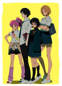  1boy 3girls bag betti_(xx_betti) black_hair black_jacket black_pants black_shirt black_socks blonde_hair blue_necktie blue_skirt border cardigan cardigan_around_waist cellphone chrollo_lucilfer clothes_around_waist collared_shirt cross cross_necklace flip_phone glasses hair_bun highres holding holding_phone hunter_x_hunter jacket jewelry kneehighs leg_warmers machi_komacine multiple_girls necklace necktie pakunoda pants phone pink_hair pleated_skirt school_bag school_uniform shirt shizuku_murasaki shoes short_hair short_sleeves shoulder_bag simple_background single_hair_bun skirt socks uwabaki watch white_border white_shirt wristwatch yellow_background 