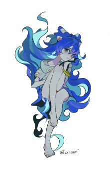  1girl arm_up armlet barefoot blue_bow blue_eyes blue_hair bow commentary_request dee_(tannsumi) floating_hair grey_hoodie hair_bow head_tilt highres holding holding_stuffed_toy hood hoodie jacket jewelry knee_up long_hair long_neck looking_at_viewer plantar_flexion short-sleeved_jacket short_sleeves sideways_glance solo stuffed_animal stuffed_cat stuffed_toy touhou twitter_username very_long_hair white_background yorigami_shion 