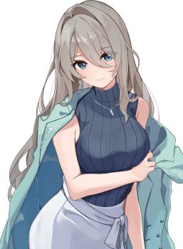  1girl absurdres bare_arms black_shirt blue_eyes brown_hair commission earrings etoria green_jacket highres hoop_earrings indie_virtual_youtuber jacket jacket_on_shoulders jewelry kanzaki_meisa_(vtuber) long_hair looking_at_viewer necklace shirt simple_background skeb_commission skirt sleeveless sleeveless_shirt solo turtleneck turtleneck_shirt upper_body virtual_youtuber white_background white_skirt 