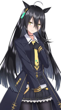  1girl ahoge animal_ears black_choker black_coat black_gloves black_hair black_pantyhose black_shirt black_skirt blush choker closed_mouth coat collared_shirt commentary_request ear_tag earrings gloves hair_between_eyes highres holiday_sakawa horse_ears horse_girl jewelry long_bangs long_hair long_hair_between_eyes long_sleeves manhattan_cafe_(creeping_shadow)_(umamusume) manhattan_cafe_(umamusume) multicolored_hair necktie pantyhose shirt single_earring skirt smile solo umamusume white_hair yellow_eyes yellow_necktie 