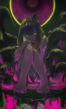  1girl backlighting bare_shoulders commentary_request dark frown full_body glowing glowing_eyes gradient_hair highres hololive hololive_english kama_boko17 knees_up long_hair looking_at_viewer multicolored_hair ninomae_ina'nis ninomae_ina'nis_(1st_costume) purple_hair sidelocks sitting solo tentacle_hair tentacles virtual_youtuber 