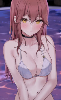 1girl bare_arms bare_shoulders bikini black_choker blurry breasts choker cleavage closed_mouth collarbone depth_of_field halterneck highres kaetzchen liliya_(kaetzchen) long_hair looking_at_viewer medium_breasts mole mole_on_breast navel original pool red_hair smile solo stomach string_bikini swimsuit upper_body wet white_bikini yellow_eyes rating:Sensitive score:40 user:danbooru