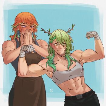  2girls abs antlers arm_wrap blue_background blush ceres_fauna covering_own_mouth double_biceps_pose earrings feather_earrings feathers flexing flower gradient_hair green_hair hair_flower hair_ornament hololive hololive_english horns iskaydi jewelry long_hair looking_at_viewer multicolored_hair multiple_girls orange_hair purple_eyes sports_bra takanashi_kiara virtual_youtuber yellow_eyes 
