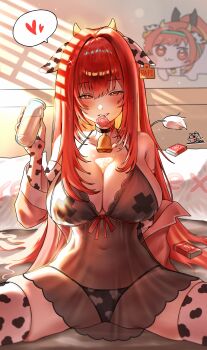  1girl absurdres animal_ears animal_print bikini bikini_bottom_only bottle breasts commentary_request condom condom_box condom_in_mouth condom_wrapper cow_ears cow_horns cow_print cow_print_bikini cow_print_thighhighs cross cross_pasties doro_(nikke) dress ear_tag goddess_of_victory:_nikke heart highres horns ice_bear korean_commentary large_breasts lingerie long_hair looking_at_viewer milk milk_bottle mouth_hold pasties print_bikini print_thighhighs rapi_(nikke) rapi_(red_hood)_(nikke) red_eyes red_hair see-through_clothes see-through_dress sitting solo spoken_heart swimsuit thighhighs underwear very_long_hair 