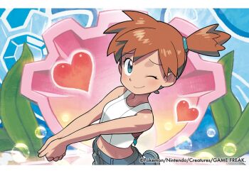  1girl blue_eyes clam_shell female_focus gym_leader ishikawa_hideki midriff misty_(pokemon) navel nintendo official_art one_eye_closed orange_hair pokemon pokemon_lgpe solo  rating:Sensitive score:45 user:danbooru