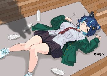  2girls absurdres aizawa_tomo aizawa_tomo_(cosplay) animal_ears bear_ears bear_girl black_skirt blue_hair breasts cardigan closed_eyes cosplay fluffycataaa fujikura_uruka green_cardigan hair_ornament headphones highres lying multicolored_hair multiple_girls necktie on_back open_cardigan open_clothes phase_connect pipkin_pippa rabbit_ears rabbit_girl red_necktie school_uniform shadow shirt shoes skirt sleeping socks streaked_hair striped_necktie tomo-chan_wa_onna_no_ko virtual_youtuber white_shirt white_socks  rating:Sensitive score:9 user:danbooru