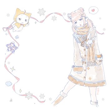  1girl :3 ahoge animal animal_print blue_bow blue_sailor_collar blunt_bangs boots bow bowtie brown_boots brown_bow brown_bowtie buttons cat chinese_commentary cloak closed_mouth clothed_animal cloud coat commentary_request cone_hair_bun cropped_legs dog_hair_ornament dog_print double_bun ear_covers fingerless_gloves frilled_sailor_collar frills fringe_trim fur-trimmed_boots fur-trimmed_coat fur-trimmed_sleeves fur_trim gloves guardian_floof_(infinity_nikki) hair_bow hair_bun hair_ornament hair_scrunchie hairclip heart highres hood hood_up hooded_cloak infinity_nikki jintianshigehaotianqine knee_boots long_hair long_sleeves low_twintails momo_(nikki) navel nikki_(nikki) nikki_(series) open_mouth parallel_hairclips pink_hair pink_ribbon pocket print_coat red_bow red_bowtie ribbon sailor_collar scarf scrunchie simple_background sleeve_bow sleeves_past_wrists smile snowflakes sparkle speech_bubble spoken_heart traditional_bowtie twintails v variant_set whiskers white_background white_cat white_coat white_gloves white_scrunchie winter_clothes winter_coat yellow_cloak yellow_scarf 