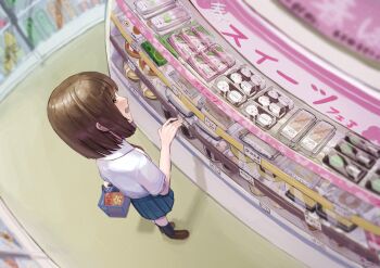  1girl absurdres ao_hoshi bag_of_chips basket black_socks blue_skirt bob_cut brown_hair brown_shoes collared_shirt commentary convenience_store drooling fisheye food food_focus from_above full_body hand_up highres holding holding_basket indoors loafers mouth_drool open_mouth original pleated_skirt profile school_uniform shelf shirt shoes shop shopping_basket short_hair short_sleeves skirt socks solo sweets white_shirt yellow_eyes 