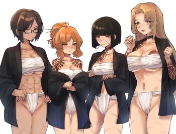  4girls abs alternate_breast_size_(larger) bangohan_tsubuyakitarou black_hair black_jacket bob_cut breasts brown_hair chest_sarashi cowboy_shot crossed_arms fundoshi glasses hair_bun hair_ornament hair_stick haori ishmael_(project_moon) jacket japanese_clothes kurokumo_clan_(identity)_(project_moon) large_breasts limbus_company looking_at_viewer multiple_girls orange_hair outis_(project_moon) parted_bangs project_moon red_eyes rodion_(project_moon) ryoshu_(project_moon) sarashi short_hair sidelocks 