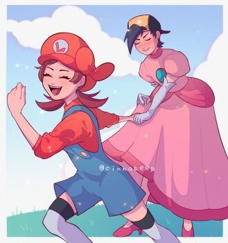  1boy 1girl backwards_hat baseball_cap black_hair blue_overalls blue_sky blush brown_hair cinnabeep cosplay crossdressing dress elbow_gloves embarrassed ethan_(pokemon) gloves grass hat highres holding_hands lyra_(pokemon) mario mario_(cosplay) mario_(series) nintendo overalls pink_dress pokemon pokemon_hgss princess_peach princess_peach_(cosplay) red_headwear sky sparkle thighhighs white_gloves  rating:General score:5 user:danbooru