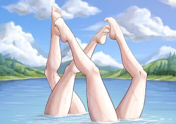  2girls absurdres anander0 bare_legs barefoot commentary commission dancing duet english_commentary feet fire_emblem fire_emblem_fates footsies highres lake leg_focus legs legs_apart legs_up multiple_girls nintendo outdoors partially_submerged selkie_(fire_emblem) swimming synchronized_swimming touching_another's_feet velouria_(fire_emblem) water wet 