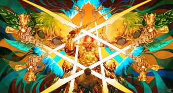  2boys 4threset au_ra aura cloak disembodied_hand emerald_weapon fake_horns final_fantasy final_fantasy_xiv gaius_van_baelsar glowing gunblade helmet highres horned_headwear horned_helmet horns mecha multiple_boys robot sword weapon  rating:General score:2 user:danbooru