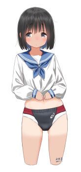  1girl black_hair blue_neckerchief blue_sailor_collar brown_eyes commentary_request cropped_legs crossdressing crossdressing_(ftm) highres looking_at_viewer male_swimwear multicolored_male_swimwear neckerchief one-piece_tan original retsumaru sailor_collar sailor_shirt school_uniform serafuku shirt short_hair simple_background solo swim_briefs swimsuit swimsuit_under_clothes tan tanline white_background 