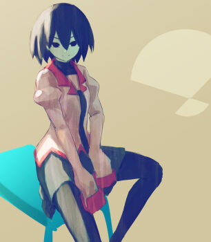  1girl between_legs black_eyes black_hair black_necktie black_pantyhose black_shirt black_skirt bob_cut breasts closed_mouth commentary empty_eyes folding_fan hair_between_eyes hand_between_legs hand_fan highres juliet_sleeves light_smile long_sleeves monogatari_(series) naoetsu_high_school_uniform necktie on_stool one-hour_drawing_challenge oretekiya oshino_ougi pale_skin pantyhose pink_shirt puffy_long_sleeves puffy_sleeves red_trim school_uniform shirt short_hair sitting skirt sleeves_past_fingers sleeves_past_wrists small_breasts smile solo spread_legs stool turtleneck yellow_background 