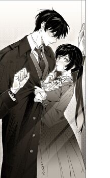  1boy 1girl ascot black_coat blush clothes_grab coat coat_grab collared_shirt commentary_request couple cowboy_shot finger_to_mouth greyscale gymnopedies2 hair_between_eyes hetero highres kabedon long_coat long_hair looking_at_another love_and_deepspace monochrome necktie ponytail protagonist_(love_and_deepspace) screentones shirt short_hair sweatdrop vest waistcoat watch white_ascot white_shirt wristwatch zayne_(love_and_deepspace) 