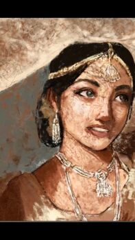  1girl black_eyes black_hair brush_stroke circlet earrings forehead grey_background grin hair_bun indian_clothes jewelry letterboxed lips looking_to_the_side necklace nose original painterly parted_lips rava_miyagi realistic single_hair_bun smile solo 