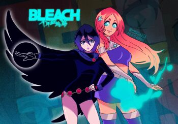  2girls alternate_breast_size_(smaller) alternate_hair_color black_leotard bleach blue_cape blue_eyes breasts cape commentary copyright_name cosplay darkness dc_comics english_commentary expressionless hair_between_eyes hand_on_own_hip highres inoue_orihime kuchiki_rukia leotard medium_breasts midriff miniskirt multiple_girls orange_hair purple_eyes purple_hair purple_lips purple_skirt purple_thighhighs raven_(dc) raven_(dc)_(cosplay) short_eyebrows short_hair skirt sleeves_past_wrists small_breasts starfire starfire_(cosplay) teen_titans thighhighs tumblr_username two-sided_cape two-sided_fabric umbra_(edits_umbra) watermark zettai_ryouiki 