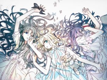  3girls aqua_eyes arm_up artoria_pendragon_(fate) back_bow bare_shoulders black_hair blonde_hair blue_bow blue_bowtie blue_eyes bow bowtie closed_eyes covered_mouth dress fate/stay_night fate_(series) frills hair_between_eyes hand_on_own_face hand_up highres long_hair looking_at_viewer looking_up lying matou_sakura multiple_girls on_back on_side one_eye_closed parted_bangs puffy_short_sleeves puffy_sleeves purple_hair saber_(fate) short_hair short_sleeves sidelocks simple_background sksk_sn09 sleeping sleeveless sleeveless_dress stuffed_animal stuffed_toy teddy_bear teeth tohsaka_rin wavy_hair white_background white_bow white_dress 
