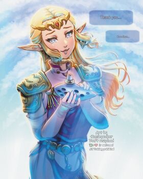  1girl armor artist_name blonde_hair blue_eyes cowboy_shot crying dress earrings elbow_gloves english_text gloves gold_armor gold_earrings highres holding_ocarina instrument jewelry long_hair looking_at_viewer nintendo ocarina parted_lips pink_dress pointy_ears princess_zelda sad_smile shoulder_armor sidelocks solo tears the_legend_of_zelda the_legend_of_zelda:_ocarina_of_time theskywaker tiara white_gloves 