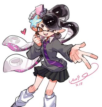  1girl alternate_costume black_hair black_skirt callie_(splatoon) collared_shirt commentary dated english_commentary eyelashes gradient_hair grey_sweater gucandiyi52092 gyaru_v hair_ornament heart inkling leg_warmers long_hair looking_at_viewer mole mole_under_eye multicolored_hair necktie nintendo one_eye_closed open_mouth pink_hair pleated_skirt pointy_ears purple_necktie shirt short_eyebrows signature simple_background skirt smile solo splatoon_(series) standing starfish_hair_ornament sweater teeth tentacle_hair thick_eyebrows two-tone_hair v very_long_hair white_background white_shirt yellow_eyes 