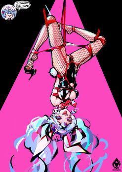  1girl ahoge animal_ears arms_behind_back artist_logo artist_name black_background black_leotard blue_eyes blue_hair bound bow bowtie clothing_cutout commentary cutout_above_navel english_commentary fake_animal_ears fake_tail fishnet_pantyhose fishnets hair_ornament hairband hatsune_miku heart heart_ahoge heart_cutout high_heels highleg highleg_leotard highres leotard logo loose_footwear necktie open_mouth pantyhose pink_background pink_bow pink_bowtie pink_necktie pink_pupils pink_theme playboy_bunny rabbit_ears rabbit_hair_ornament rabbit_hole_(vocaloid) rabbit_tail red_ribbon restrained ribbon shibari shibari_over_clothes shoe_dangle smile soles solo spaghetti_strap suspension tail teardrop tongue twintails upside-down vocaloid white_hairband x_hair_ornament yeougui 