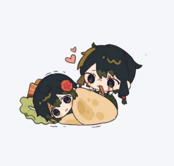  2boys animalization animated animated_gif bacon biting black_hair black_jacket cat chibi chibi_only chinese_commentary closed_eyes closed_mouth collared_shirt commentary_request crying crying_with_eyes_open doner_kebab doner_sandwich doner_wrap double-parted_bangs flower food freckles fu_shun_(touqi_guaitan) gloves hair_flower hair_ornament heart in_food jacket lettuce long_zhi_feng_di_renxin_poce male_focus multiple_boys open_clothes open_jacket open_mouth pink_flower red_gloves shirt short_hair short_hair_with_long_locks simple_background single_glove smile tears touqi_guaitan trembling white_background white_shirt ziche_fuzhao 