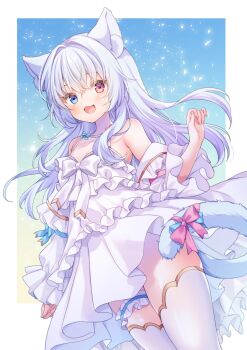  1girl animal_ears bare_shoulders blue_eyes cat_ears cat_girl commentary_request dress heterochromia highres jewelry kanzaki_ririka kneehighs long_hair original simple_background socks thigh_strap white_dress white_hair 