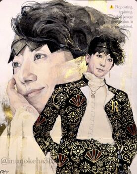  1boy black_eyes black_hair black_headband black_jacket collared_shirt commentary_request earrings english_text hand_on_own_hip headband highres inunokeha315 jacket jewelry jojo_no_kimyou_na_bouken kishibe_rohan kishibe_rohan_wa_ugokanai kishibe_rohan_wa_ugokanai_(live_action) male_focus necklace painting_(medium) shirt signature smile takahashi_issei traditional_media twitter_username watercolor_(medium) white_shirt 