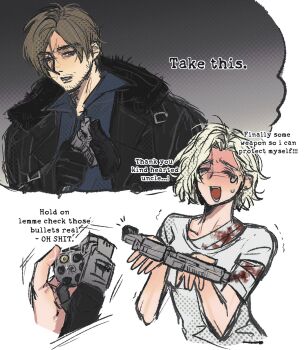  1boy 1girl bandaged_torso beard_stubble black_coat black_gloves blonde_hair blue_eyes blue_shirt breasts brown_hair bullet chamber chet_tuc_tuoi closed_eyes coat commentary crying english_commentary facial_hair fur-trimmed_coat fur_trim furrowed_brow gloves grace_ashcroft gun handgun happy_tears highres holding holding_gun holding_weapon leon_s._kennedy medium_breasts open_mouth parted_bangs resident_evil resident_evil_requiem shirt short_hair short_sleeves smile stubble sweat t-shirt tears trembling upper_body weapon white_shirt 