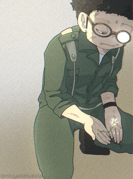  1boy afro beard_stubble black-framed_eyewear black_hair black_shoes bruise bruise_on_face closed_mouth commentary_request daisy_(flower) facial_hair film_grain flower franky_franklin green_pants grey_shirt holding holding_flower injury long_sleeves male_focus military_uniform one_eye_covered ouka_(gegege_853suki) pants plantar_flexion round_eyewear shirt shoes solo spy_x_family stubble suspenders twitter_username wristband 