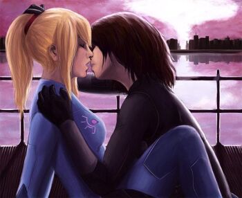  2girls bed black_hair blonde_hair bodysuit breasts closed_eyes halo_(game) haloid hand_on_another's_head hand_on_shoulder imminent_kiss kiss ma_rin medium_breasts metroid multiple_girls nicole-458 nintendo open_mouth samus_aran skin_tight spoilers unknown_creation_date yuri zero_suit 