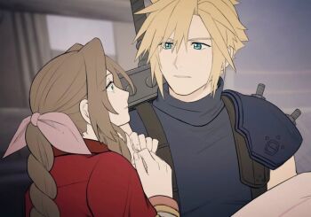  1boy 1girl aerith_gainsborough ameiro0814 aqua_eyes armor bangle blonde_hair blue_shirt blurry blurry_background bracelet braid braided_ponytail brown_hair carrying cloud_strife dress earrings final_fantasy final_fantasy_vii final_fantasy_vii_remake green_eyes hair_between_eyes hair_ribbon hetero jacket jewelry long_dress long_hair looking_at_another own_hands_together parted_bangs pauldrons pink_dress pink_ribbon princess_carry red_jacket ribbon shirt short_hair shoulder_armor sidelocks single_braid single_earring single_pauldron sleeveless sleeveless_turtleneck slums spiked_hair suspenders turtleneck upper_body wide-eyed 