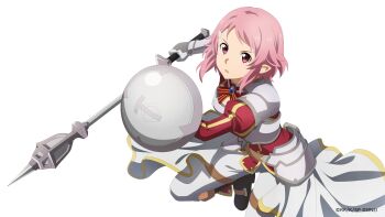  1girl absurdres arm_shield armor boots breastplate brown_boots cape commentary copyright_notice faulds freckles full_body gauntlets hair_ornament hairclip highres holding holding_mace holding_shield holding_weapon lisbeth_(sao) lisbeth_(sao-alo) long_sleeves mace official_art pants pauldrons pink_hair pointy_ears red_eyes red_shirt shield shirt shoulder_armor solo swept_bangs sword_art_online sword_art_online_variant_showdown waist_cape weapon white_background white_cape white_pants 