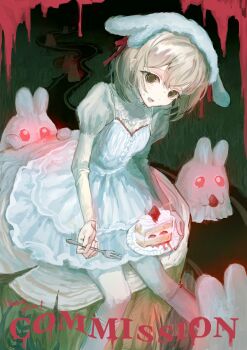  1girl blonde_hair blood bow_legwear bright_pupils brown_eyes cake cake_slice commentary commission creature dessert dress food fork frilled_dress frills fruit glowing glowing_eyes grass hat highres holding holding_food holding_fork holding_plate juliet_sleeves kneehighs lace lace-trimmed_dress lace_trim lolita_fashion long_sleeves looking_at_another looking_at_viewer nervous night open_mouth original outdoors plate puffy_sleeves rabbit red_eyes red_ribbon ribbon road short_hair sitting skeb_commission socks strawberry strawberry_shortcake sweat tree_stump unino_0u0 white_dress white_hat white_pupils white_socks 