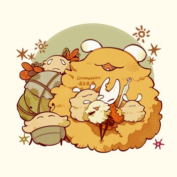  2girls :3 arthropod_girl artist_name black_eyes black_skin brown_fur cloak closed_eyes colored_skin commission flea_(hollow_knight) fluffy grishkin_(hollow_knight) highres hollow_knight hollow_knight:_silksong horned_mask hornet_(hollow_knight) horns huge_flea_(hollow_knight) insomnine111 mask multiple_girls needle_(hollow_knight) open_mouth red_cloak white_mask 