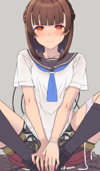  1girl android android_girl_kotomi black_shoes black_socks blue_neckerchief blunt_bangs blush braid brown_eyes brown_hair butterfly_sitting cable collarbone embarrassed grey_background half_up_braid highres itou_(onsoku_tassha) joints kneehighs looking_at_viewer mechabare medium_hair neckerchief nose_blush orange_eyes original panties panties_around_leg pink_panties red_eyes ringed_eyes robot_joints sailor_collar school_uniform seams serafuku shirt shoes short_sleeves simple_background sitting skirt socks solo straight-on underwear unfinished unworn_skirt v_arms white_shirt 