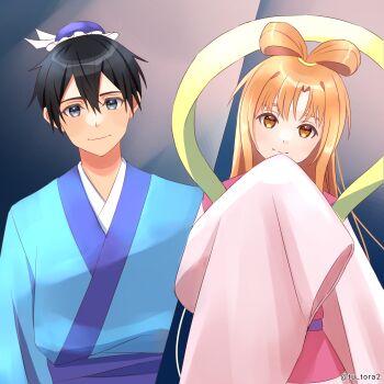  1bnoy 1girl alternate_costume artist_name asuna_(sao) black_hair blue_hat blue_kimono brown_eyes brown_hair commentary_request cosplay_request double-parted_bangs grey_eyes hair_between_eyes hat highres japanese_clothes kimono kirito light_smile looking_at_viewer messy_hair multi-tied_hair pink_kimono short_hair sleeves_past_fingers sleeves_past_wrists smile split_mouth straight-on sword_art_online tu_tora2 twitter_username upper_body watermark wide_sleeves 