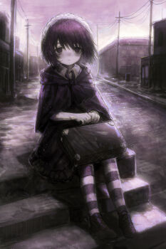  1girl absurdres building closed_mouth commentary english_commentary full_body futaba_channel hezaizhou highres holding holding_suitcase looking_at_viewer maid_headdress nijiura_maids outdoors power_lines road short_hair sitting sitting_on_stairs solo stairs street striped_clothes striped_thighhighs suitcase thighhighs yakui 