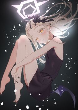  1girl black_dress black_flower black_horns black_nails black_rose black_wings blonde_hair blue_archive blush breasts colored_eyelashes commentary_request cosplay demon_girl demon_horns demon_wings dress ear_piercing earrings fingernails floating_hair flower from_side full_body gakuen_idolmaster hair_flower hair_ornament hairclip halo hands_on_own_legs highres horns idolmaster jewelry kayoko_(blue_archive) kayoko_(blue_archive)_(cosplay) knees_up long_hair looking_at_viewer low_wings nail_polish orange_eyes ozuma_(takarinhoi0621) parallel_hairclips parted_bangs parted_lips piercing rose shinosawa_hiro short_dress sleeveless sleeveless_dress small_breasts solo stud_earrings toenails turtleneck turtleneck_dress white_halo wings 