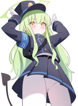 1girl :< absurdres armband arms_up belt black_hat black_jacket black_skirt black_tail blue_archive blue_armband blush buttons cowboy_shot crotch_seam demon_tail dot_nose double-breasted from_below gloves green_hair green_halo hair_between_eyes halo hat hikari_(blue_archive) highres hikari_(blue_archive) jacket long_hair long_sleeves looking_at_viewer miniskirt nonddu pantyhose peaked_cap pleated_skirt pointy_ears revision sidelocks simple_background skirt solo sweatdrop tail uniform upskirt v-shaped_eyebrows white_background white_gloves white_pantyhose yellow_eyes rating:Sensitive score:49 user:danbooru
