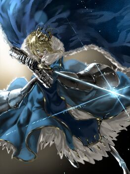  1girl ahoge armor armored_dress artoria_pendragon_(fate) blonde_hair blue_eyes braid braided_bun cape commentary_request crown dress excalibur_(fate/stay_night) fate/grand_order fate_(series) fighting_stance floating_cape floating_clothes fur-trimmed_cape fur_trim gauntlets glint hair_between_eyes hair_bun highres holding holding_sword holding_weapon nil_note0 open_mouth sabaton saber_(fate) solo sword weapon 