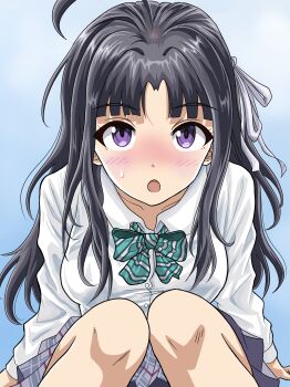  1girl absurdres ahoge awa_subaru black_hair blue_background blue_bow blue_bowtie blush bow bowtie breasts commentary_request diagonal-striped_bow dress_shirt girls_band_cry gradient_background grey_skirt hair_ribbon highres long_hair macqueen7777 medium_breasts open_mouth plaid_clothes plaid_skirt pleated_skirt ribbon school_uniform shirt sidelocks skirt solo striped_bow white_background white_shirt 