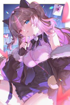  1girl absurdres animal_ears bag black_bow black_bowtie black_skirt blue_eyes blurry border bow bowtie breasts brown_hair brown_jacket buttons card cat_ears closed_mouth colored_bangs colored_inner_hair commentary depth_of_field fake_animal_ears finger_to_mouth fingerless_gloves fur-trimmed_jacket fur_trim girls'_frontline girls'_frontline_2:_exilium gloves heart heterochromia highres jacket large_breasts lens_flare long_hair long_sleeves looking_at_viewer miniskirt mk23_(girls'_frontline) multicolored_hair pink_hair purple_shirt red_eyes shanguier shirt sidelocks skirt sleeveless sleeveless_shirt smile solo thigh_strap thighs tongue tongue_out two_side_up very_long_hair white_border 