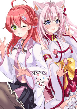  2girls 35p_(sakura_miko) ahoge alternate_costume antenna_hair black_pantyhose black_skirt blush bow braid breasts cherry_blossom_print coat cosplay costume_switch detached_sleeves fang floral_print frilled_thigh_strap green_eyes grin hair_between_eyes hair_ornament hairclip hakama hakama_short_skirt hakama_skirt hakui_koyori hakui_koyori_(1st_costume) hakui_koyori_(cosplay) hands_up highres hololive japanese_clothes kimono lab_coat large_breasts long_hair long_sleeves looking_at_viewer multiple_girls nontraditional_miko obi one_eye_closed pantyhose pink_hair purple_eyes red_hakama sakura_miko sakura_miko_(1st_costume) sakura_miko_(cosplay) sash shirt shuu_(pe-po) simple_background skirt sleeveless sleeveless_kimono smile thigh_strap virtual_youtuber w white_background white_coat white_kimono white_shirt white_sleeves wide_sleeves yellow_bow yellow_sash 