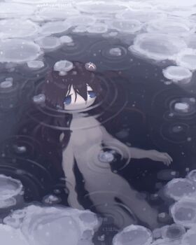  1girl artist_name black_hair blue_eyes commentary completely_nude english_commentary food food-themed_hair_ornament food_on_head frozen_lake hair_ornament highres ice kurohanenone lake mouth_submerged mouth_under_water mushroom mushroom_hair_ornament mushroom_on_head nude object_on_head outdoors partially_submerged ripples shimeji_simulation snow snowing tsukishima_shijima wet wet_hair 