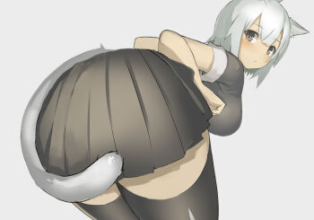  1girl animal_ears ass ass_focus bent_over blush bob_cut breasts cat_ears cat_girl cat_tail ccaw character_request clenched_hand commentary_request cowboy_shot dot_nose expressionless female_focus from_behind grey_eyes grey_shirt grey_skirt grey_thighhighs hair_between_eyes hands_up large_breasts looking_at_viewer looking_back miniskirt original parted_bangs parted_lips pleated_skirt shirt short_hair short_sleeves silver_background silver_hair simple_background skirt sleeve_cuffs solo standing tail thighhighs zettai_ryouiki  rating:Sensitive score:11 user:danbooru