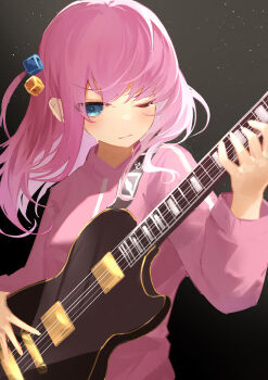  1girl :| absurdres black_background blue_eyes bocchi_the_rock! choppy_bangs closed_mouth commentary_request concentrating cube_hair_ornament electric_guitar eyebrows_hidden_by_hair gibson_les_paul gotoh_hitori guitar hair_ornament highres instrument jacket kettle_(4693-42) long_hair long_sleeves music one_eye_closed pink_hair pink_jacket playing_instrument solo track_jacket 